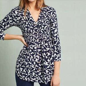 Anthropologie Maeve Alexa Smocked Button-Down Top L Print Navy Viscose Linen